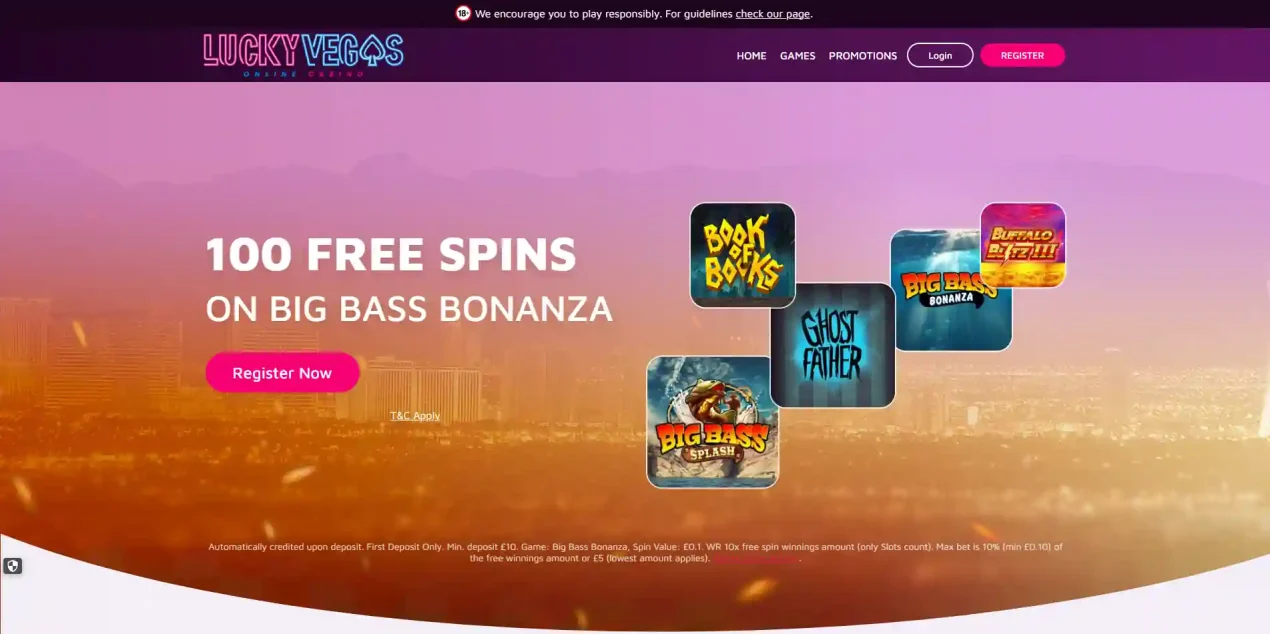Lucky Vegas UK welcome offer panel showing the current free-spins promotion