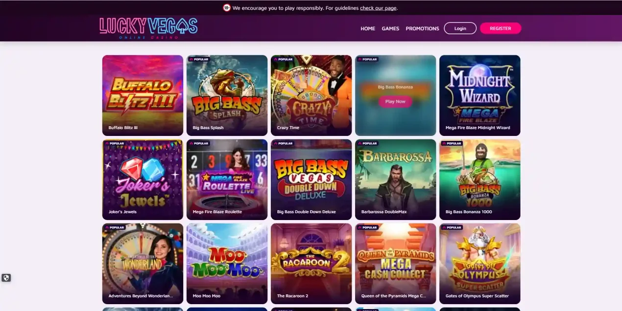 Lucky Vegas Great Britain games lobby with casino game categories visible