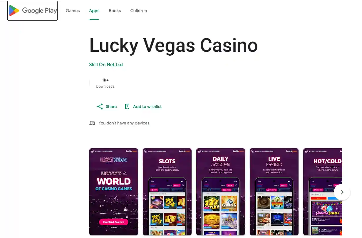 Lucky Vegas Casino Google Play listing showing Skill On Net Ltd as developer