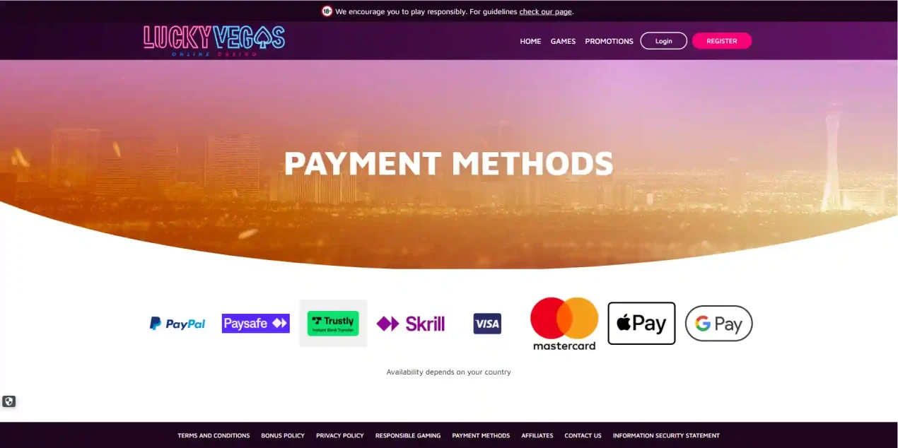 Lucky Vegas Great Britain payment-methods page showing current cashier method logos