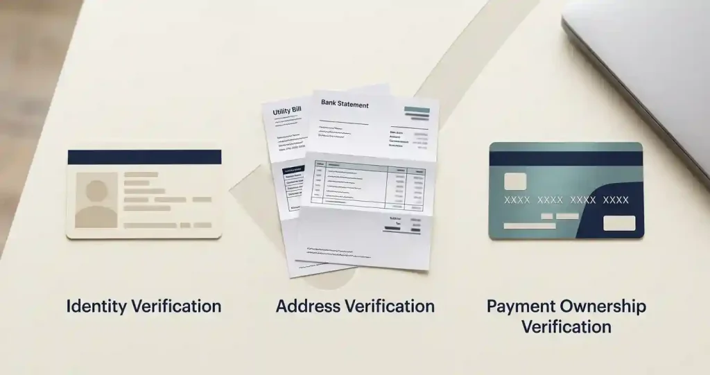 Identity, address and payment ownership checks used in an online casino verification process